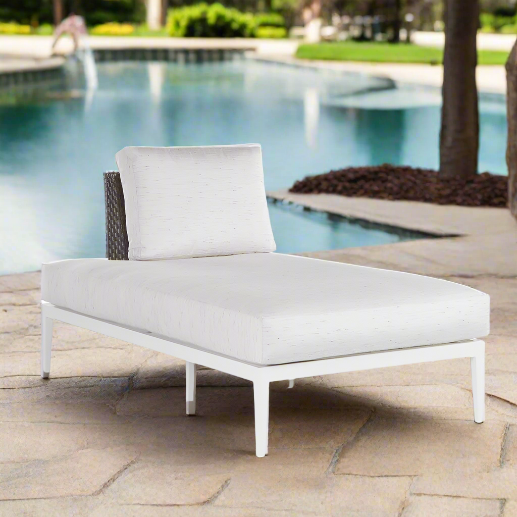 South Sea Rattan Stevie Wicker Chaise Lounge With Left Side Facing Wraparound Cushion