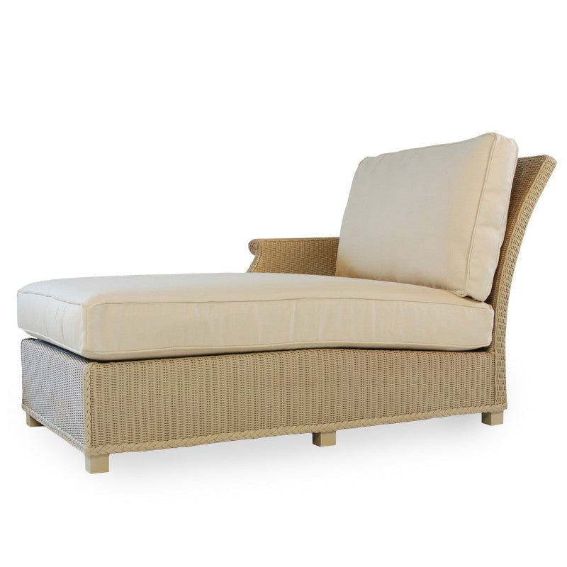 Beige outdoor lounge chair with cushions on a white background