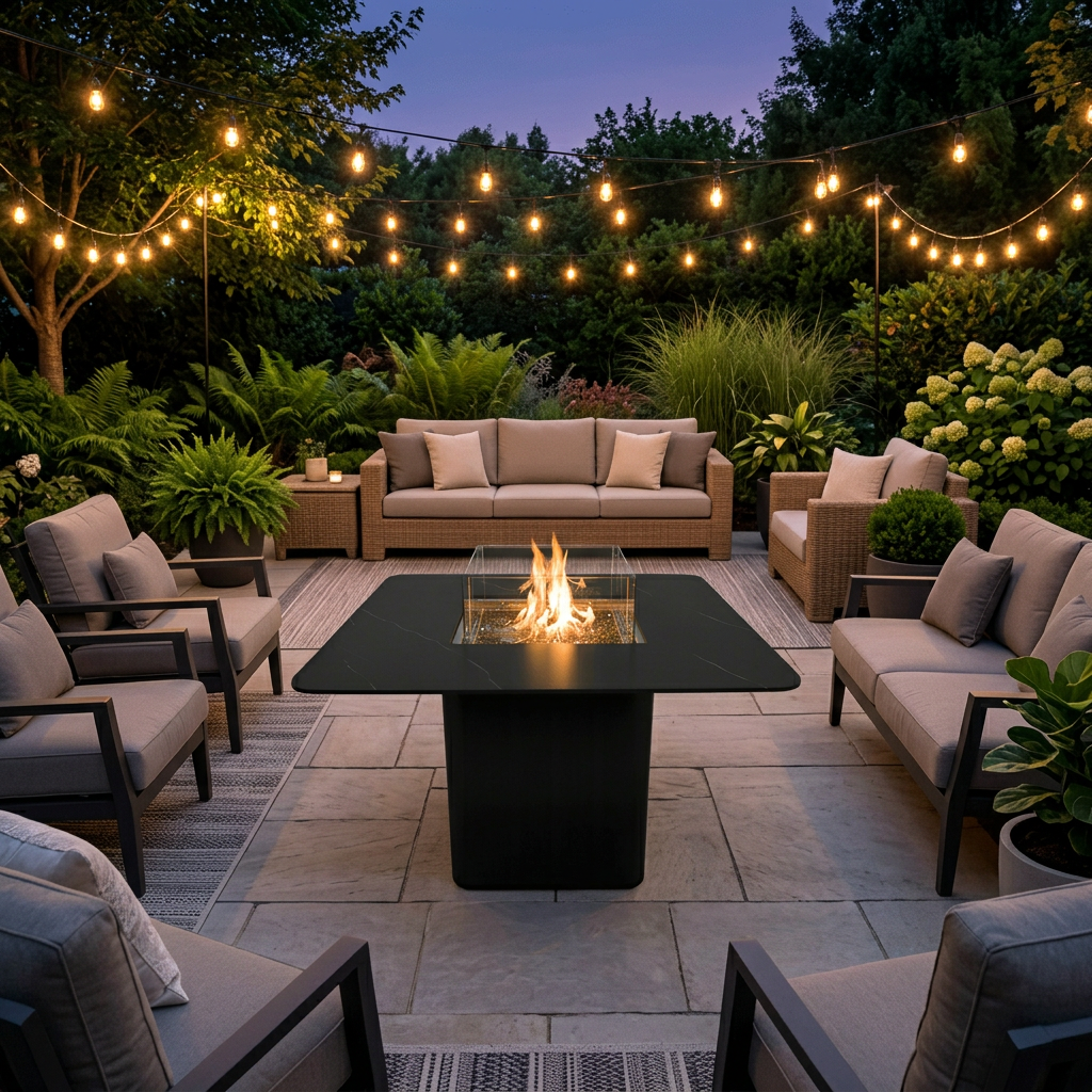 A black marble porcelain fire pit table with a stainless steel burner, placed on a patio near a sofa and a wicker chair, with a lit flame in the center.