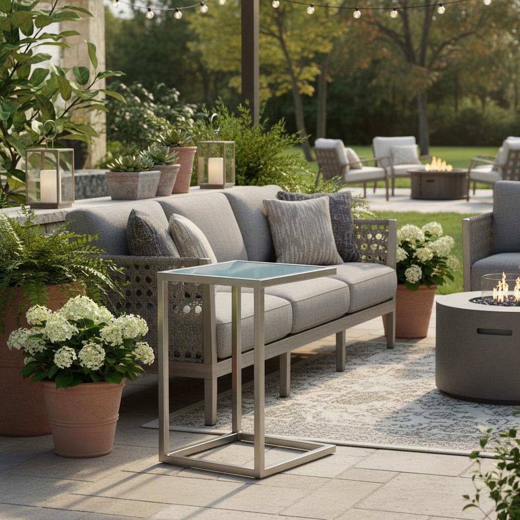 Lloyd Flanders Elements Stainless Steel Side Table With Glass