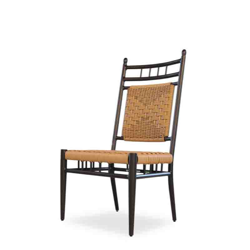 Chair with woven backrest and black frame on a white background
