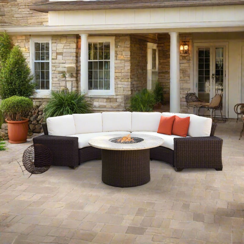 Lloyd Flanders Mesa 5 Piece Woven Vinyl Curved Sectional Set With Fire