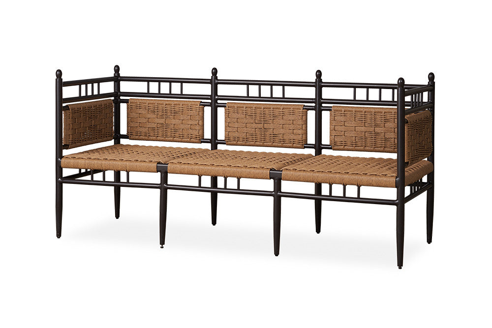 Three-seat garden bench made of brown woven vinyl with a black aluminum frame, part of the Lloyd Flanders Low Country collection.