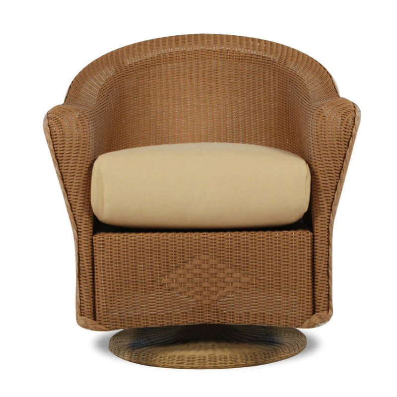 Brown wicker chair with beige cushion on a white background