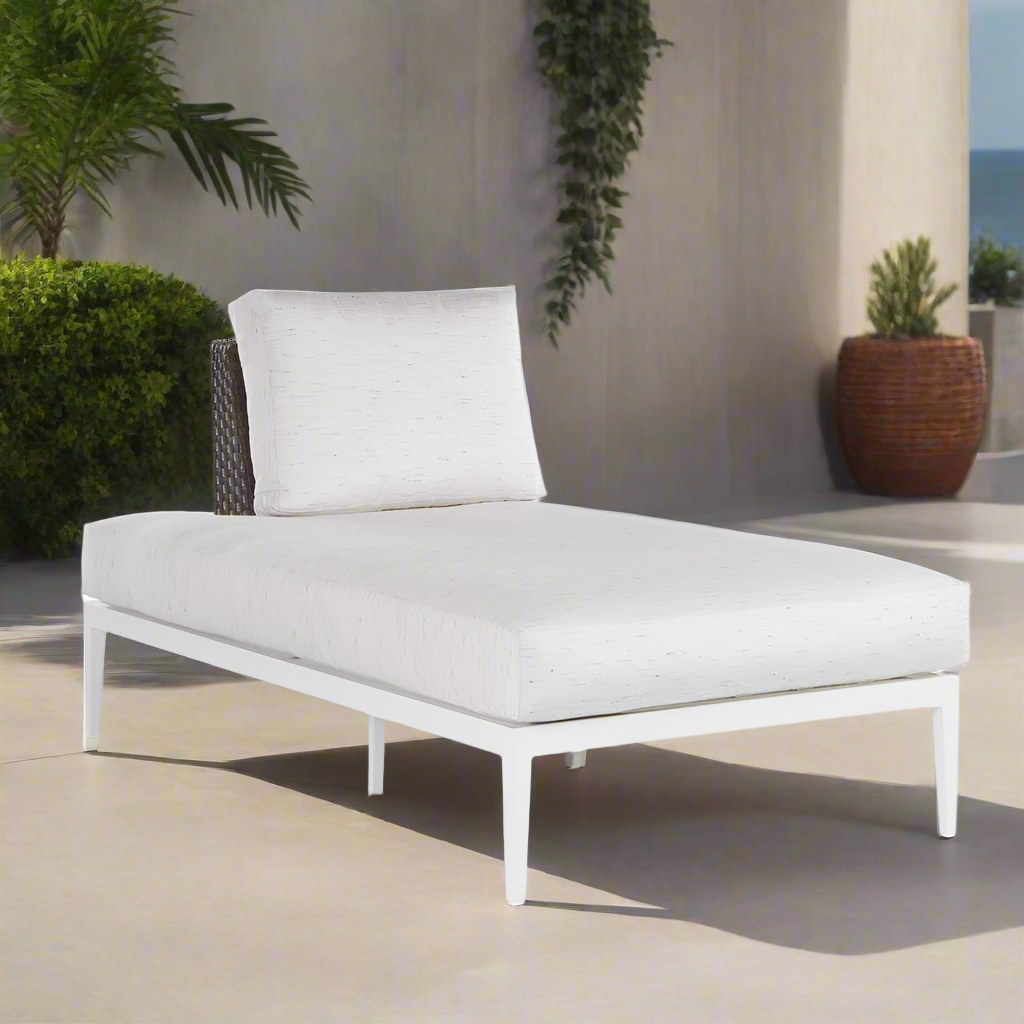 South Sea Rattan Stevie Wicker Chaise Lounge With Left Side Facing Wraparound Cushion