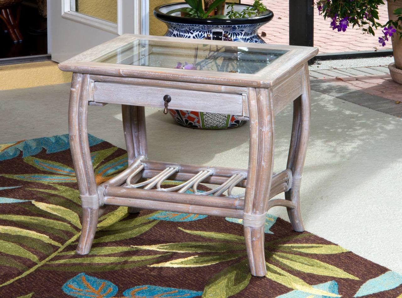 Alexander & Sheridan Cuba Rattan Indoor End Table With Glass And Drawer