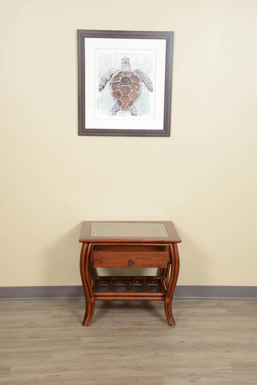Alexander & Sheridan Cuba Rattan Indoor End Table With Glass And Drawer