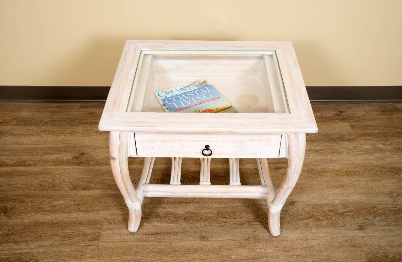Alexander & Sheridan Cuba Rattan Indoor End Table With Glass And Drawer