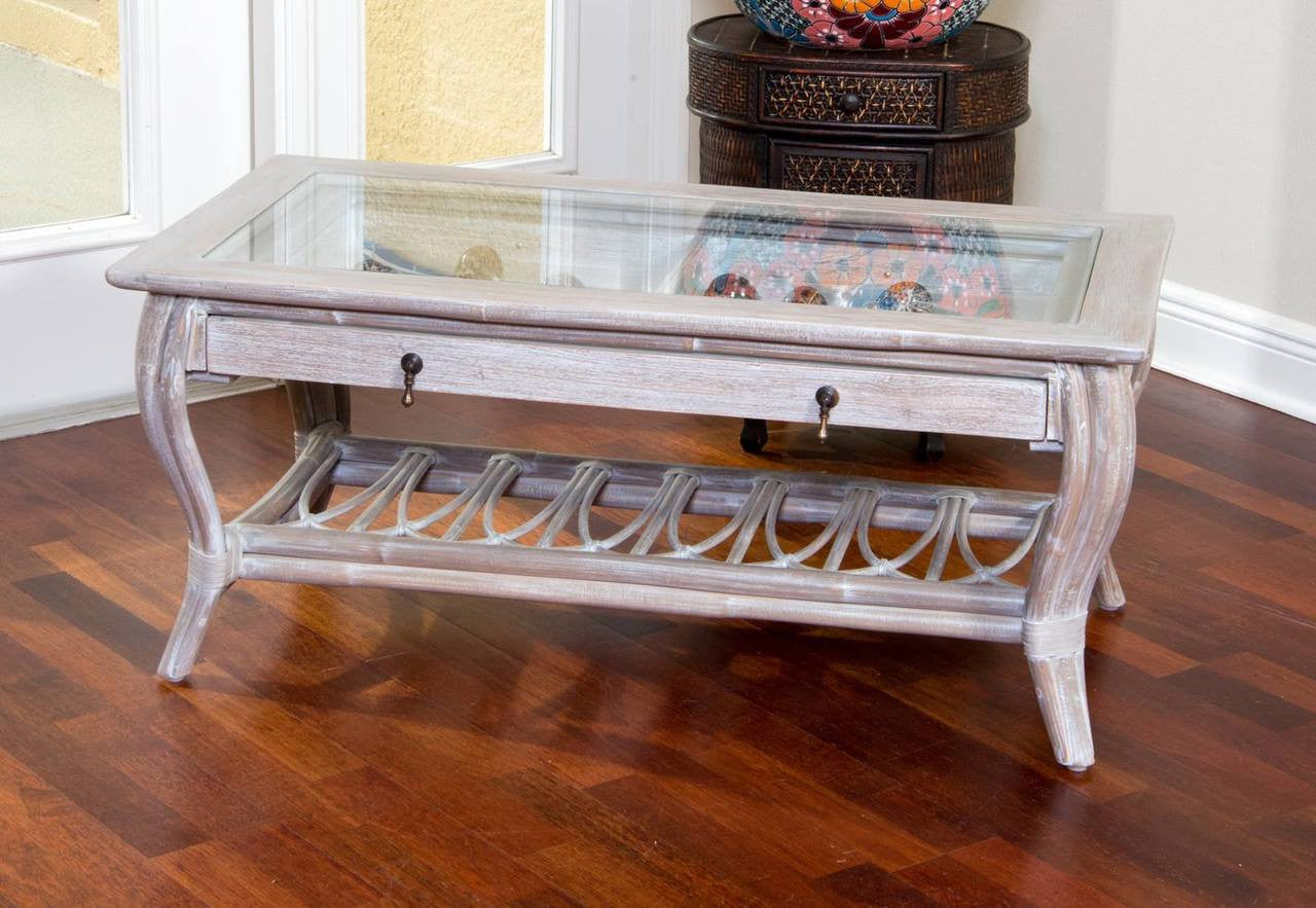 Alexander & Sheridan Cuba Rattan Indoor Cocktail Table With Glass And Drawer