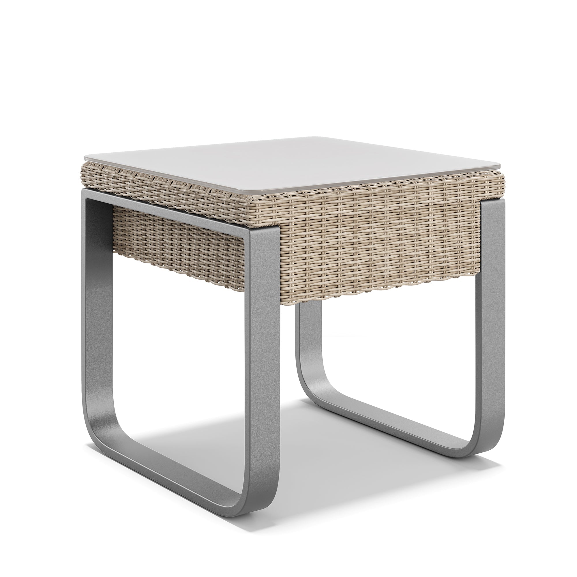 A modern square side table with a light gray top, a natural beige woven rattan basket detail, and a curved silver metal frame, shown on a white background.
