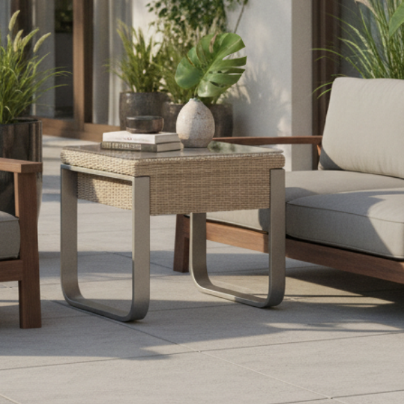A modern outdoor side table with a woven beige wicker frame and curved brushed metal legs, styled on a patio next to a sofa with plants.