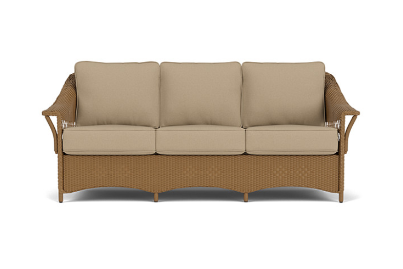 A set of beige replacement cushions for a Lloyd Flanders Nantucket wicker sofa, featuring a three-seater and a back cushion.