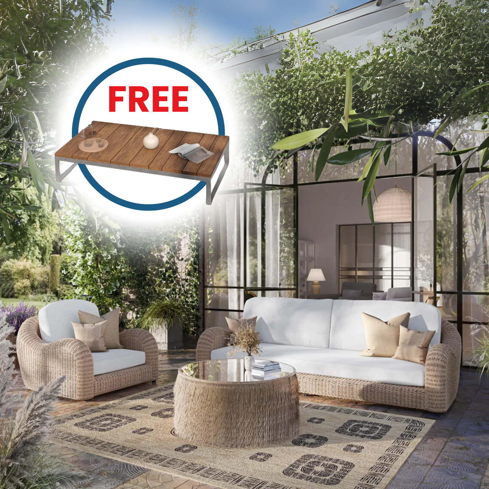 OUTSY Katalina 3-Piece Outdoor and Backyard Poly Hyacinth Furniture Set with Aluminum Frame