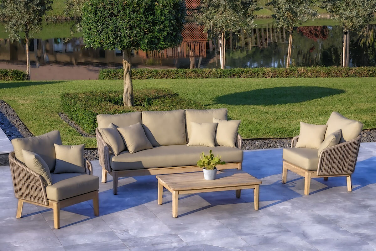 OUTSY Eve 4-Piece Outdoor and Backyard Wood, Aluminum and Rope Furniture Set