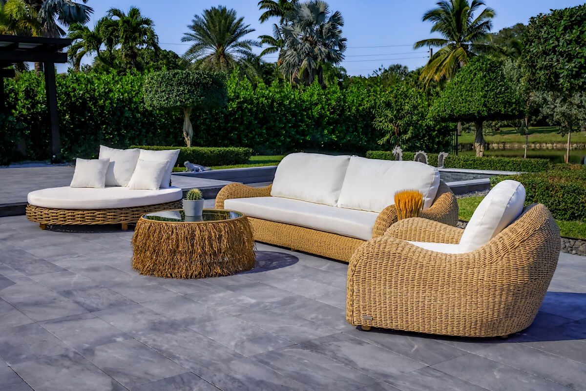 OUTSY Katalina 3-Piece Outdoor and Backyard Poly Hyacinth Furniture Set with Aluminum Frame - with round sun lounger
