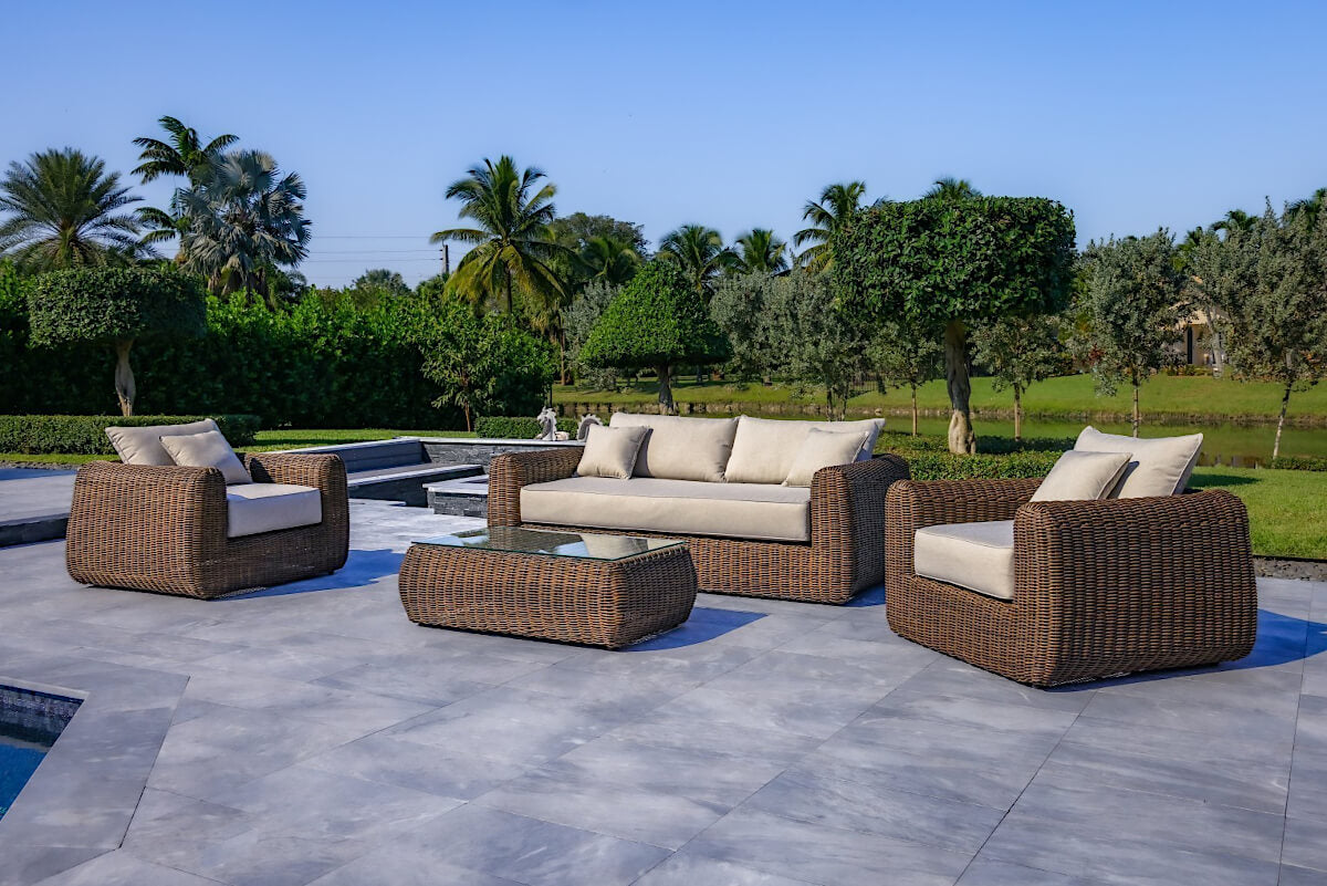 OUTSY Milo LUX 4-Piece Outdoor and Backyard Extra Deep Seating Wicker Aluminum Frame Furniture Set with Wicker Coffee Table in Brown