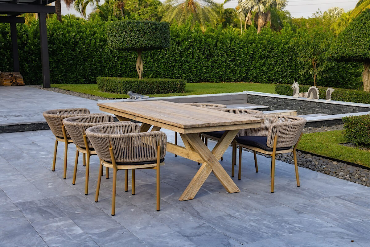 Outsy Santino + Melina 7-Piece Outdoor Dining Set - Wood Dining Table and 6 Wood, Aluminum, and Rope Chairs, Milk and Coffee Legs - front view