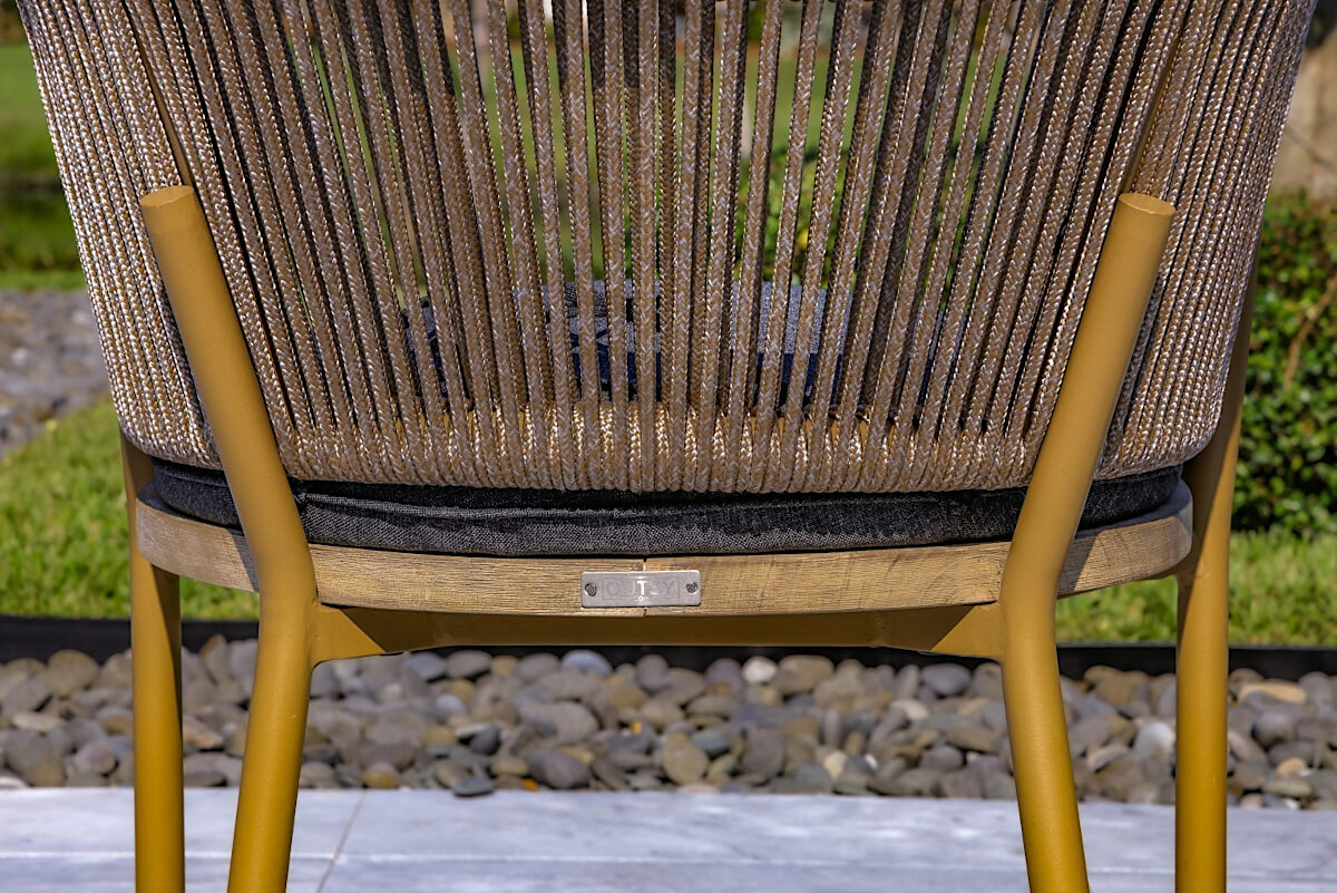 Outsy Santino + Melina 7-Piece Outdoor Dining Set - Wood Dining Table and 6 Wood, Aluminum, and Rope Chairs, Milk and Coffee Legs - back of chair close up