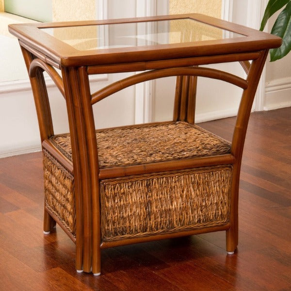 Alexander & Sheridan Panama Rattan Indoor End Table With Glass