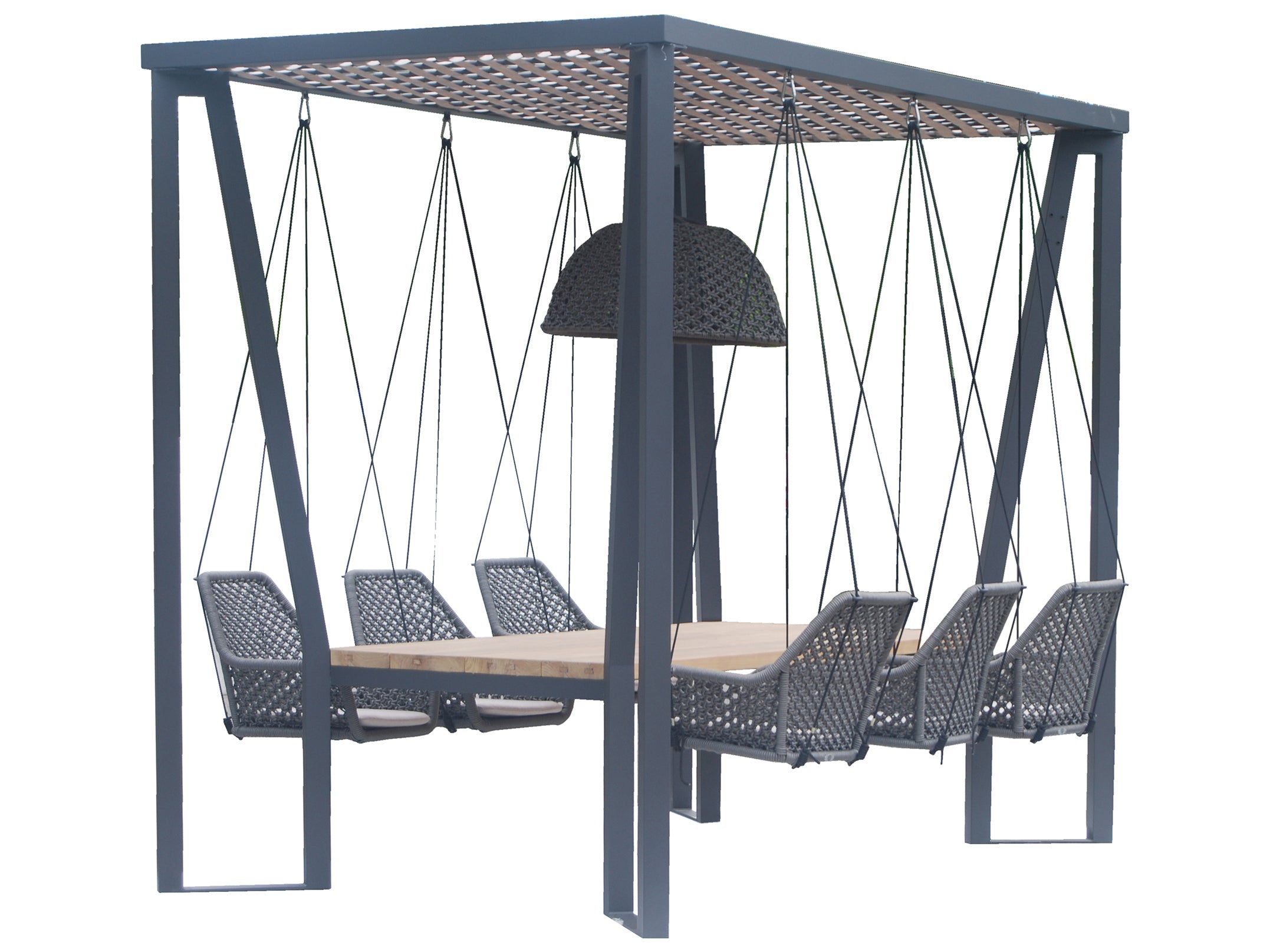 Skyline Design Horizon Pergola with Lamp Hanging Chairs & Teak Table