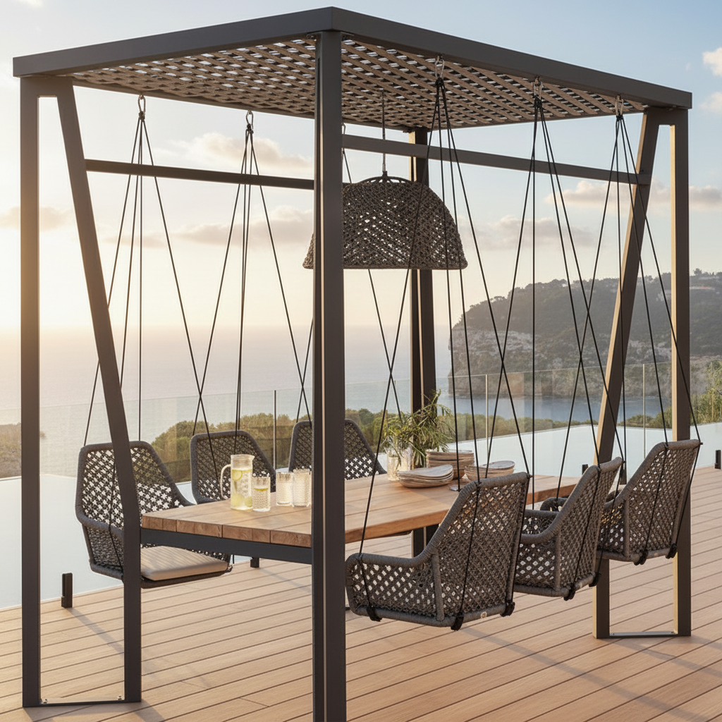 Skyline Design Horizon Pergola with Lamp Hanging Chairs & Teak Table