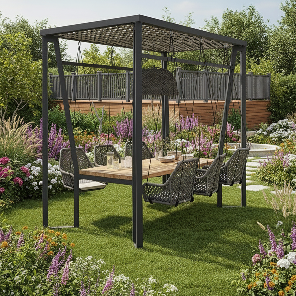 Skyline Design Horizon Pergola with Lamp Hanging Chairs & Teak Table