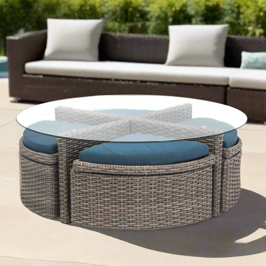 South Sea Rattan Saint Tropez Outdoor Wicker Sushi Table With Ottomans