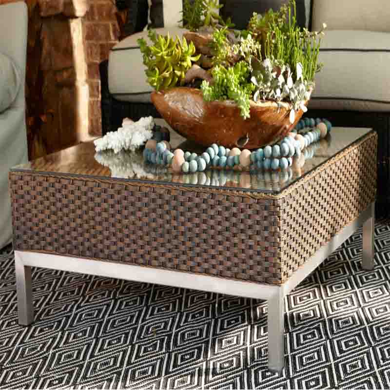 Lloyd Flanders Elements Wicker 30" Square End Table With Stainless Steel Base and Glass