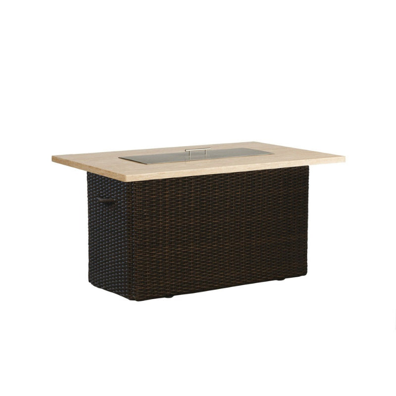 Rectangular fire pit table with wicker base and glass-top design on a white background