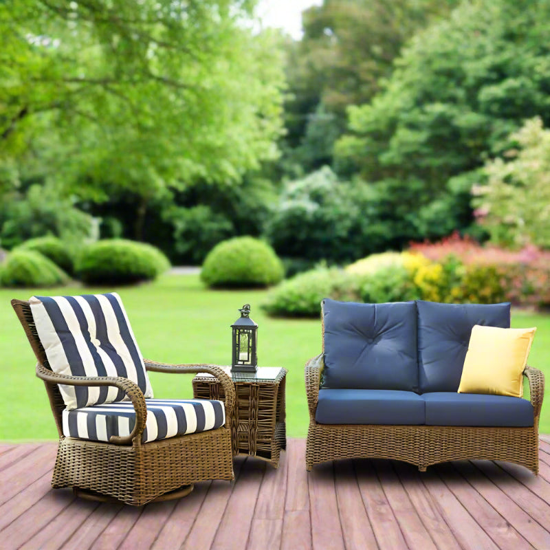 Outdoor patio furniture set with a chair and loveseat on a brick patio.