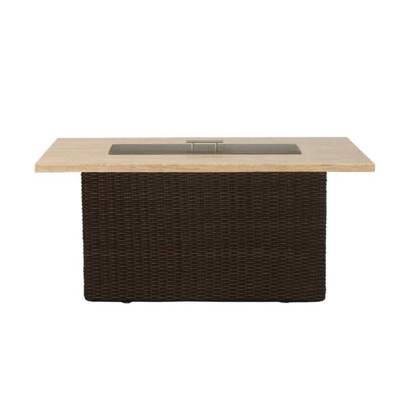 Outdoor fire pit table with wicker base and wooden top on a white background