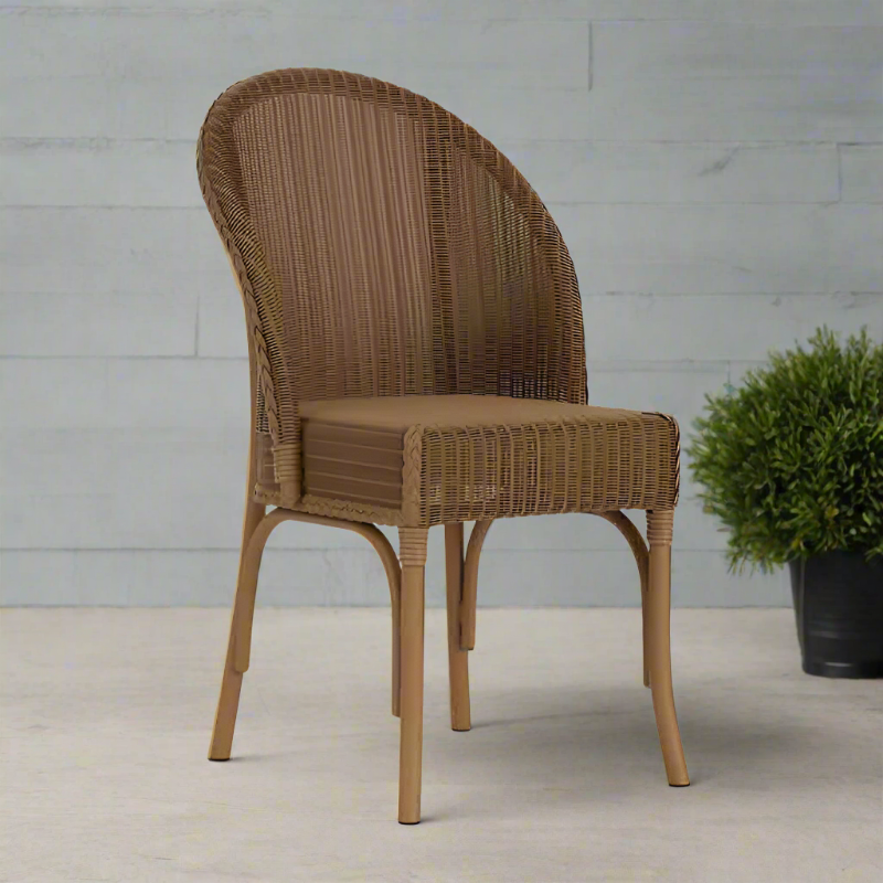Brown wicker chair with a plant on a light wooden floor against a gray wall.