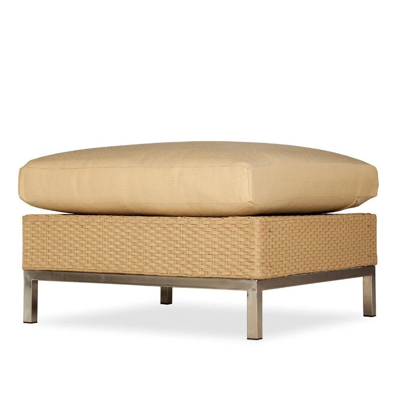 Beige ottoman with woven base on a white background