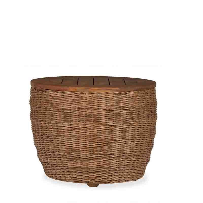 Wicker plant pot with wooden top on a white background