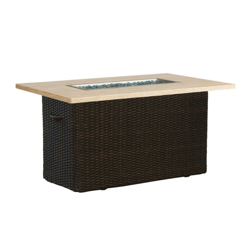 Rectangular fire pit table with wicker base and glass top on a white background
