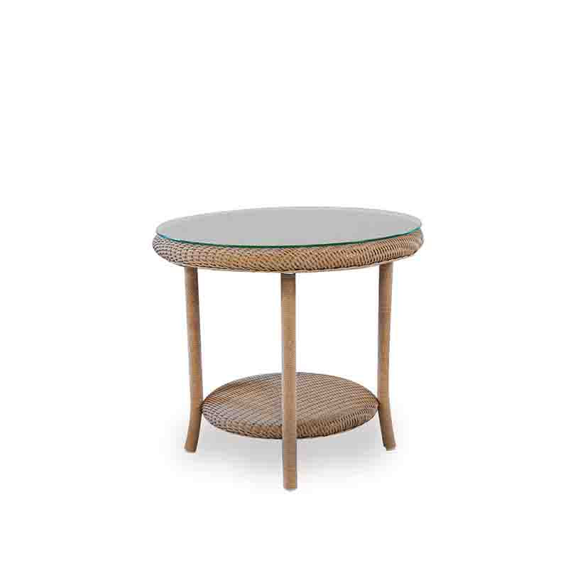Round side table with wicker design on a white background