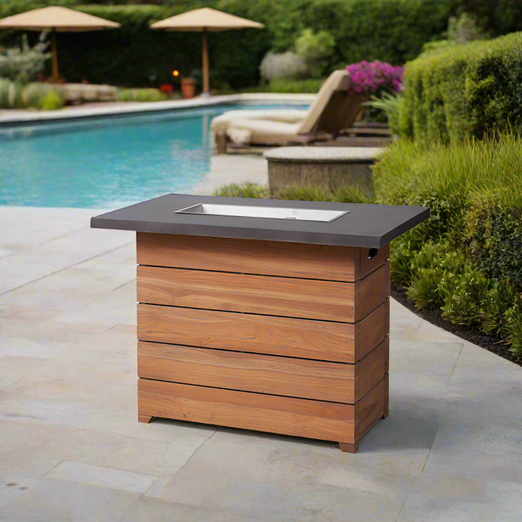 Lloyd Flanders Teak 52" Rectangular Fire Table with Faux Concrete Top