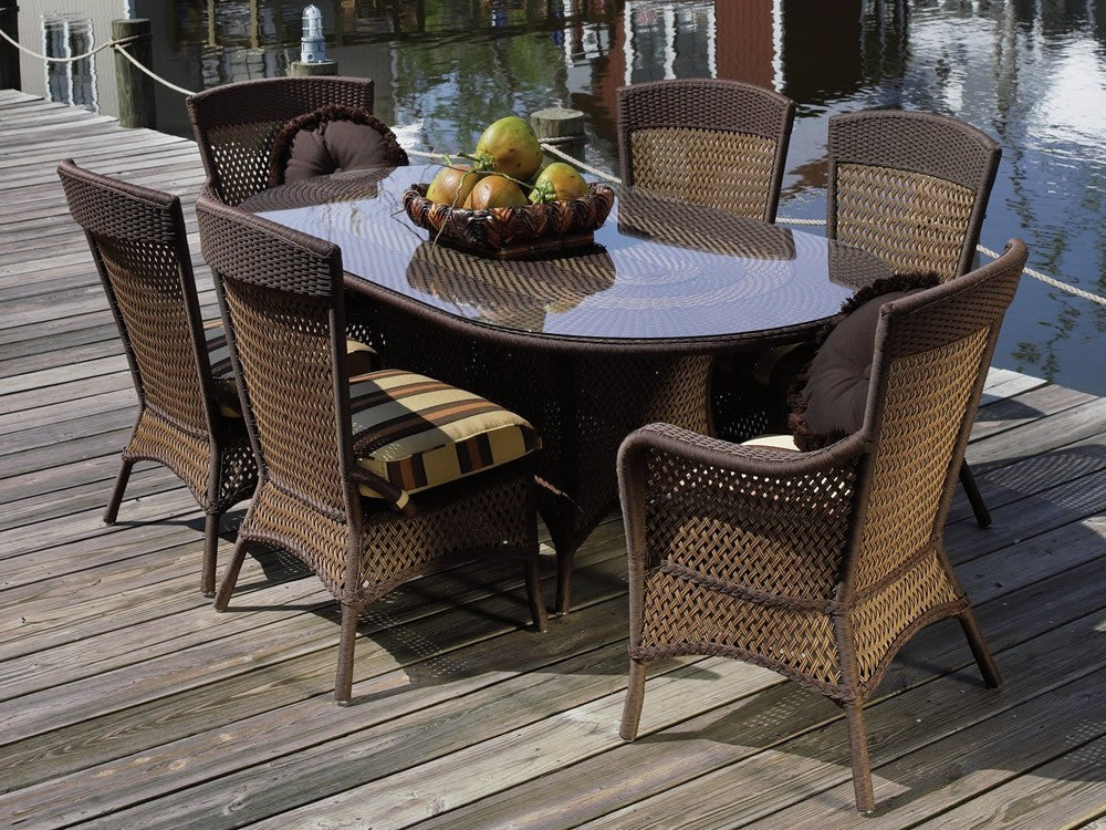 Lloyd Flanders Grand Traverse Wicker Umbrella Dining Table 84" Oval With Lay on Glass