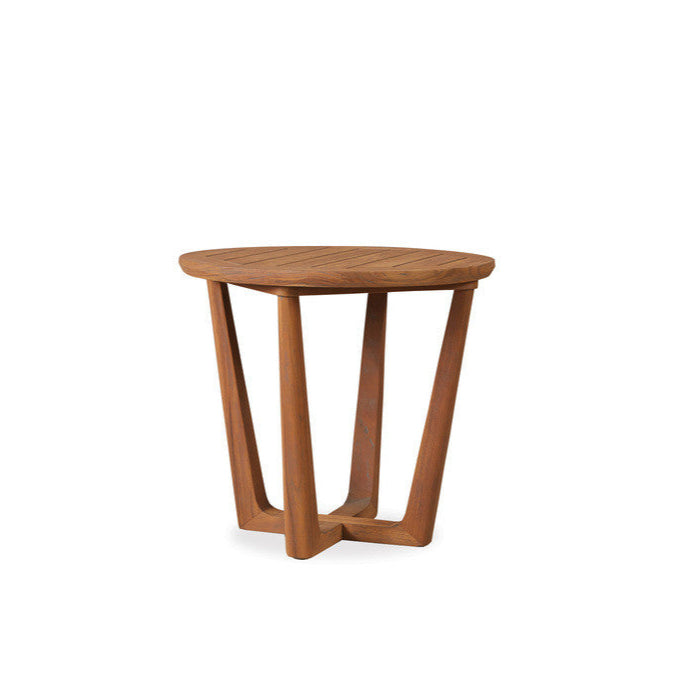 Wooden side table with unique base design on a white background