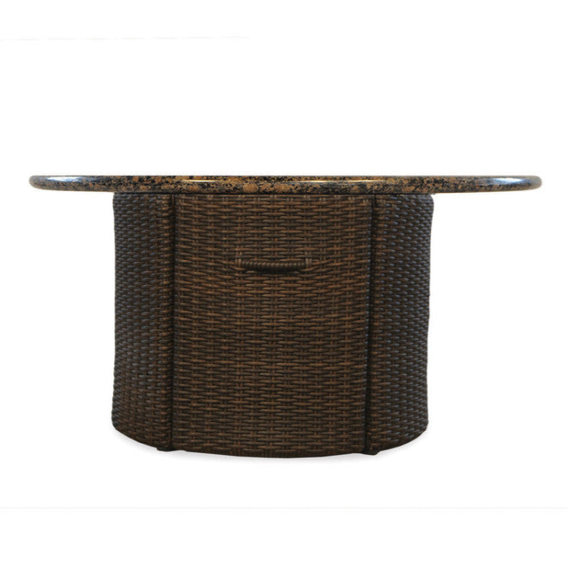 Wicker bar table with a round top on a white background