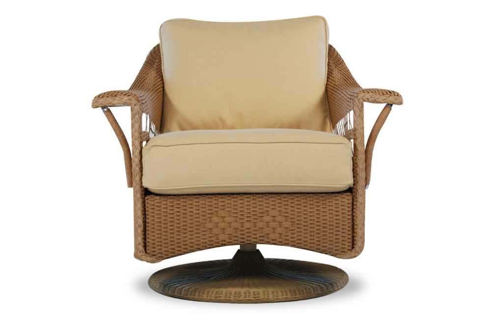 A beige wicker swivel glider lounge chair with a plush cushion seat and backrest, constructed with a welded all-aluminum frame.