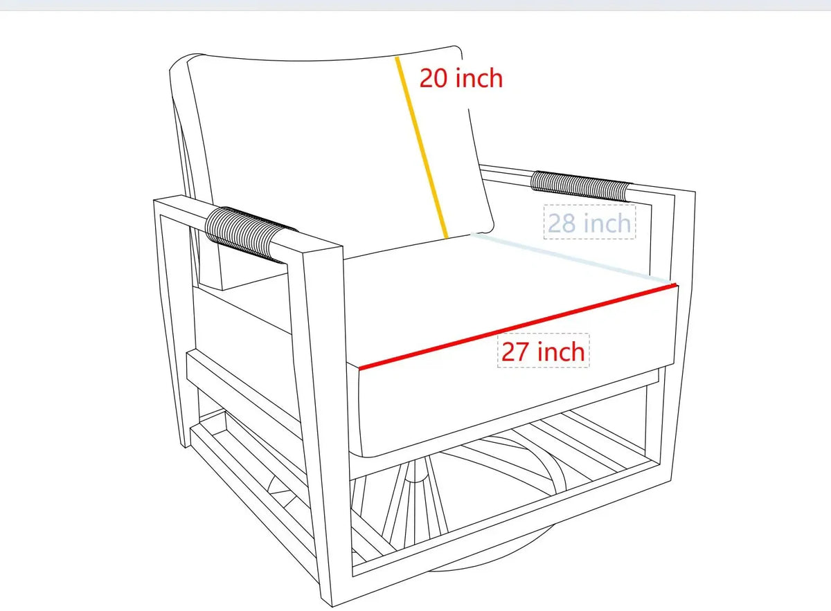 A line drawing of an outdoor swivel glider chair with dimension annotations showing a backrest height of 20 inch, seat width of 27 inch, and armrest depth of 28 inch.