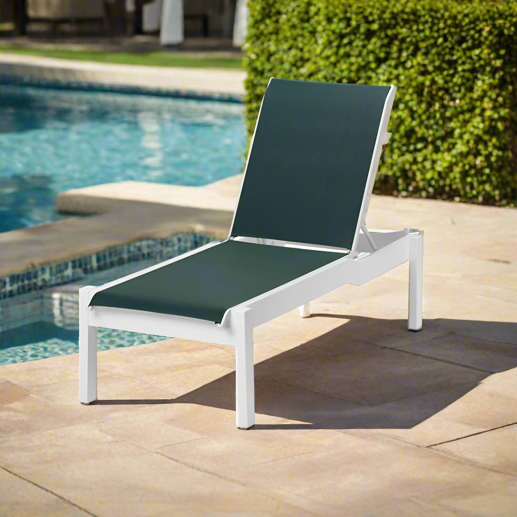 Telescope Casual Leeward MGP Sling Outdoor Lay-Flat Stacking Armless Long Frame Chaise with Wheels