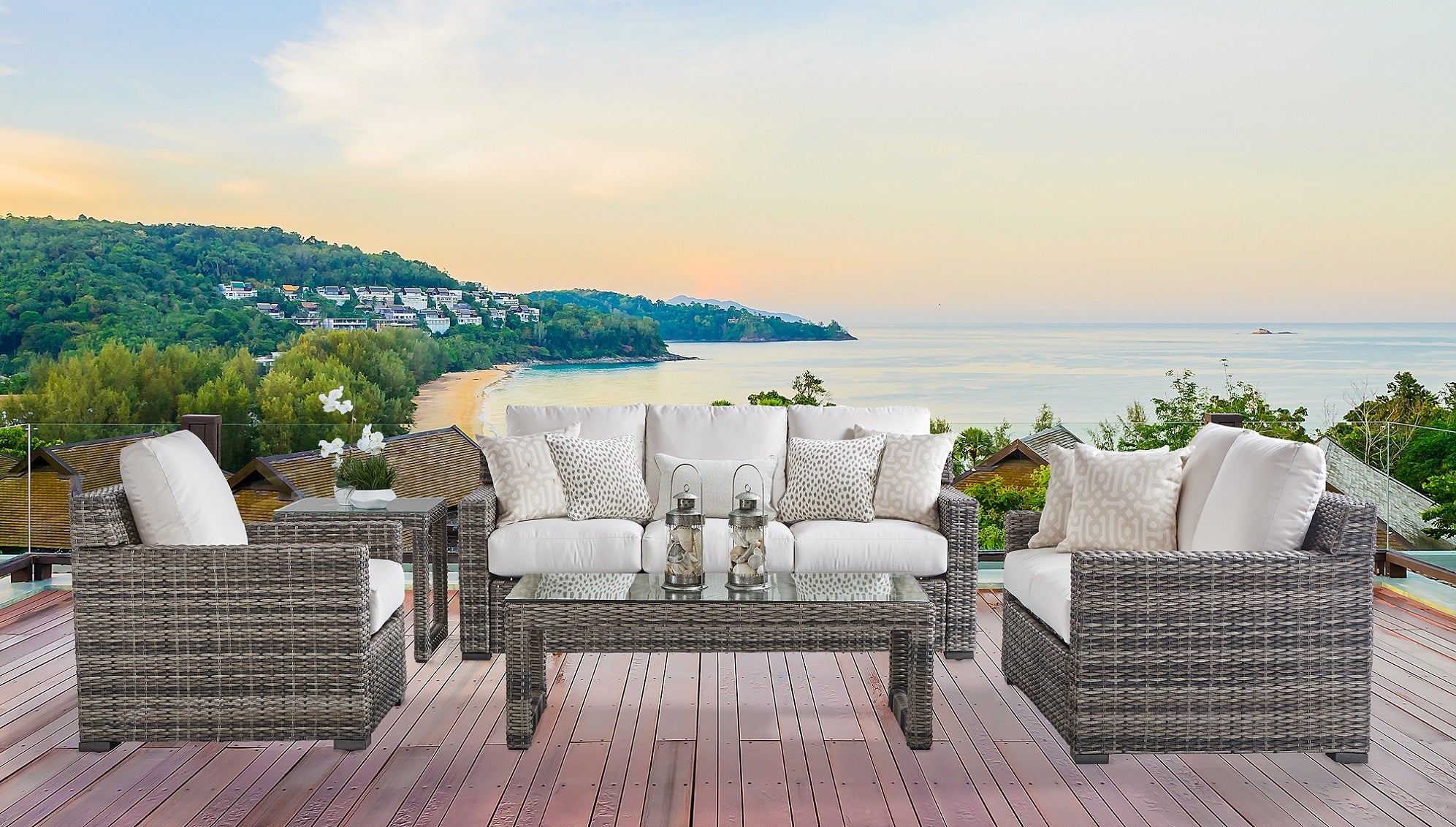 South Sea Rattan New Java Resin Wicker 6 Piece Outdoor Wedge Corner Sectional Living Set