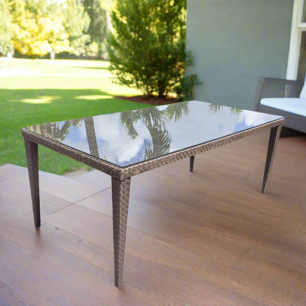 Hospitality Rattan Soho Patio Large Rectangular 78" Woven Dining Table with Glass