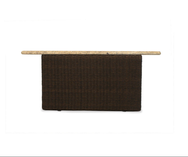Wicker console table with marble top on a white background
