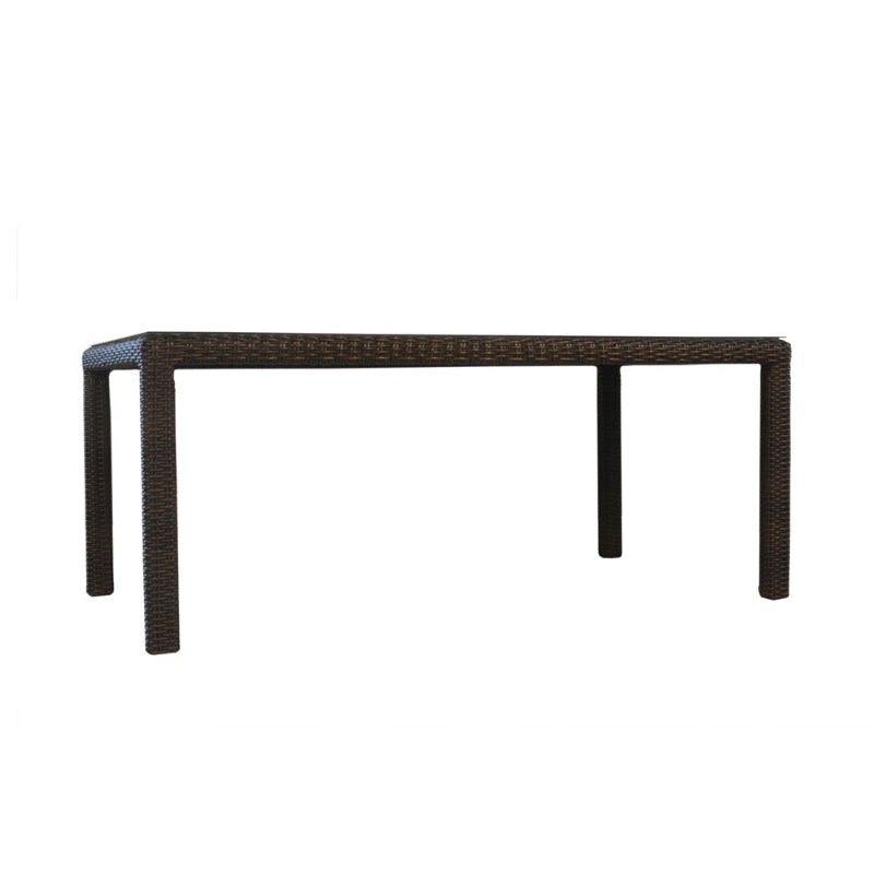 Rectangular outdoor table with wicker design on a white background