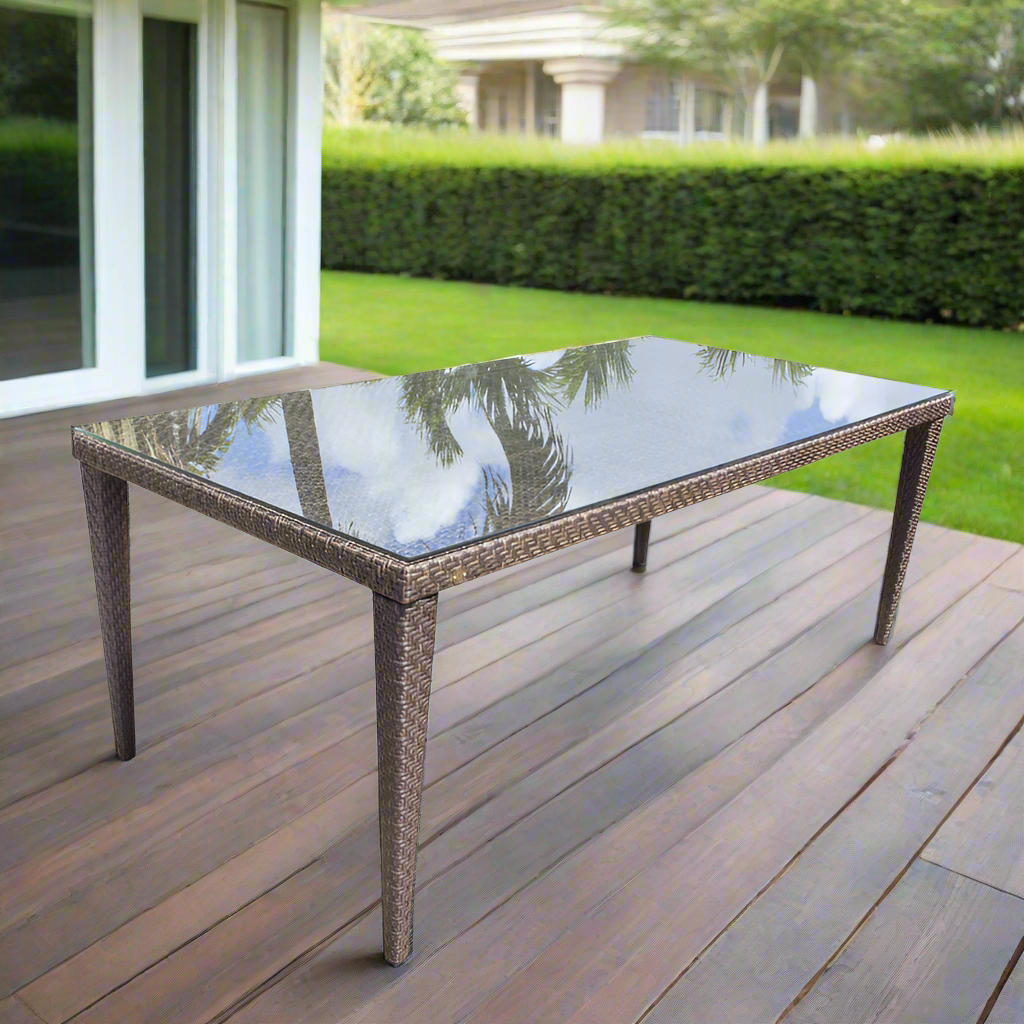 Hospitality Rattan Soho Patio Large Rectangular 78" Woven Dining Table with Glass