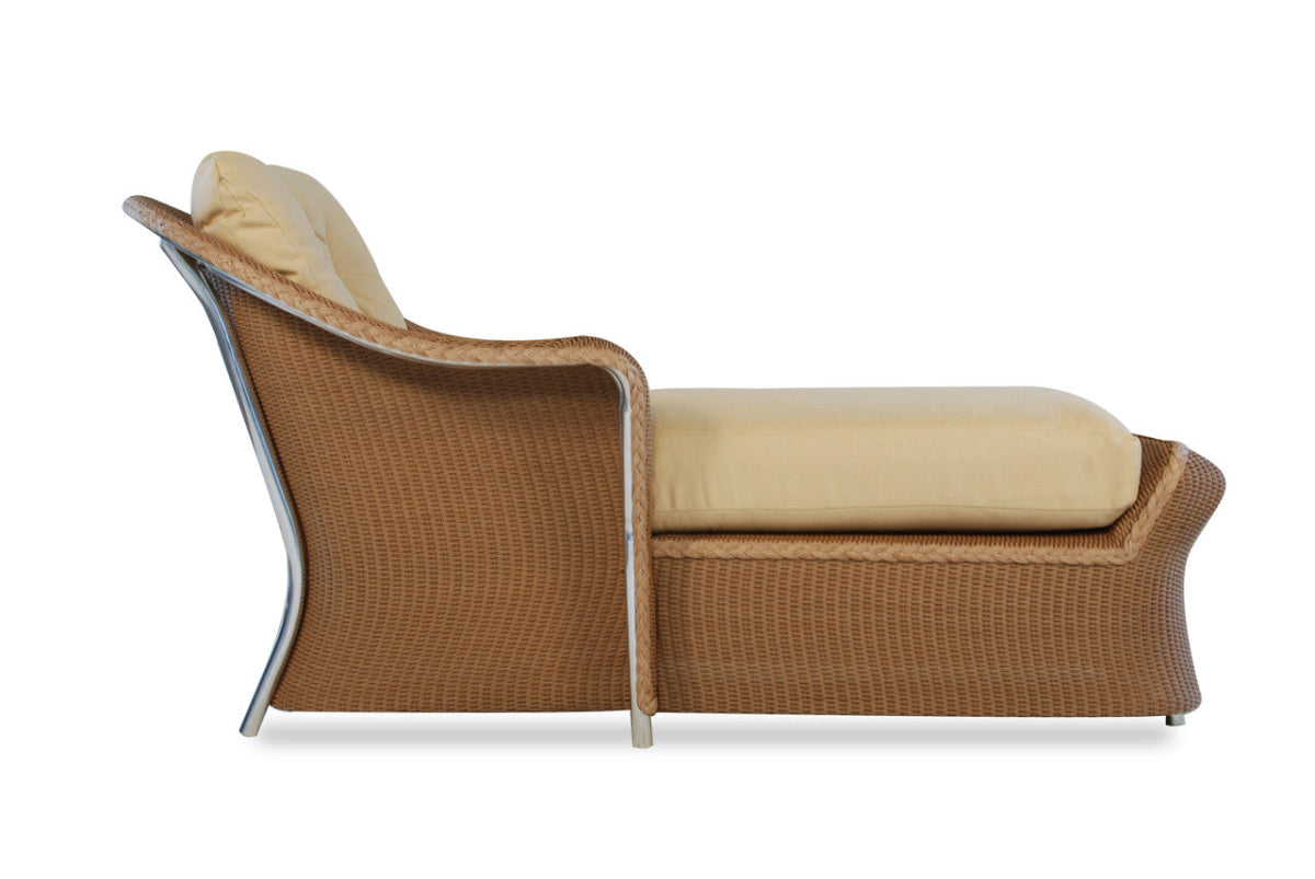 Brown wicker outdoor lounge chair with beige cushion on a white background
