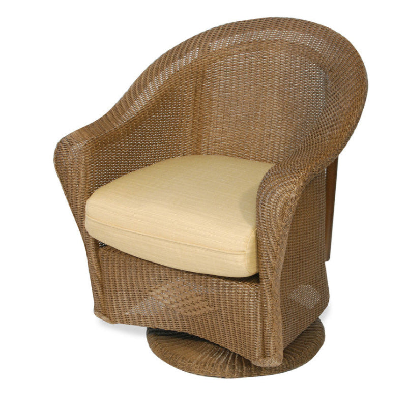 Wicker chair with beige cushion on a white background